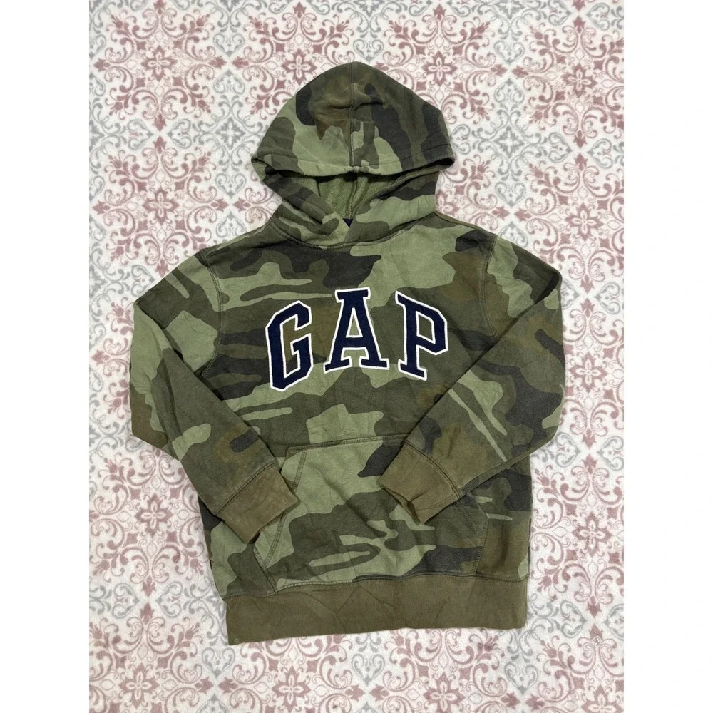 GAP Kids Camouflage Logo Pullover Hoodie Green Camo Fleece Sweatshirt Size M 8-9